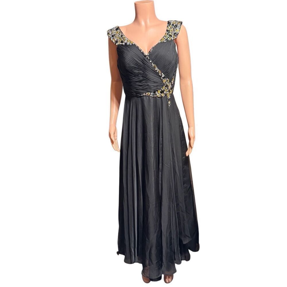 Lets sleeveless black gold beaded maxi pleated dress L